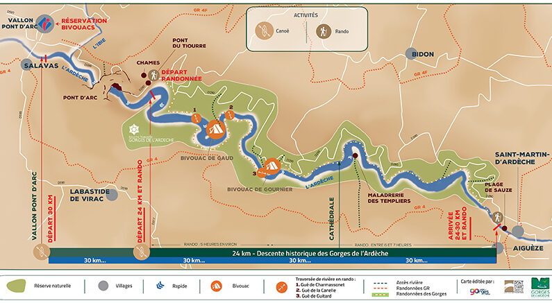 Carte Descente des Gorges de l'Ardèche avec bivouac - Version 9 mars 2021